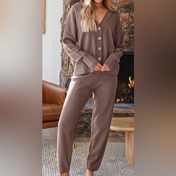 Womens Cardigan Pants Sets 2 Piece Slouchy Sweater Loungewear, color nutmeg - Picture 1 of 10